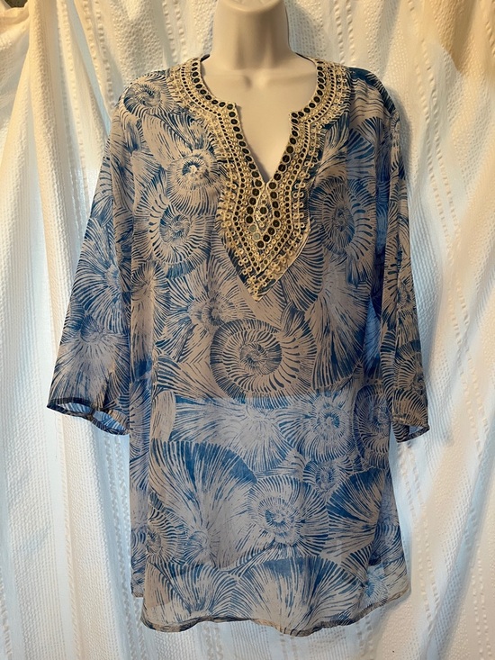 Chico's Tops - Chico’s size 2 or 12 Blue Printed Beaded sequin V-Neck Women's Top or cover up